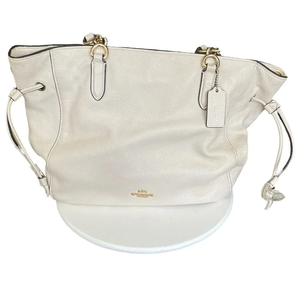 COACH ELLE LEATHER CHAIN TOTE SHOULDER BAG 72650 WHITE CHALK PEBBLE PURSE - Picture 3 of 13